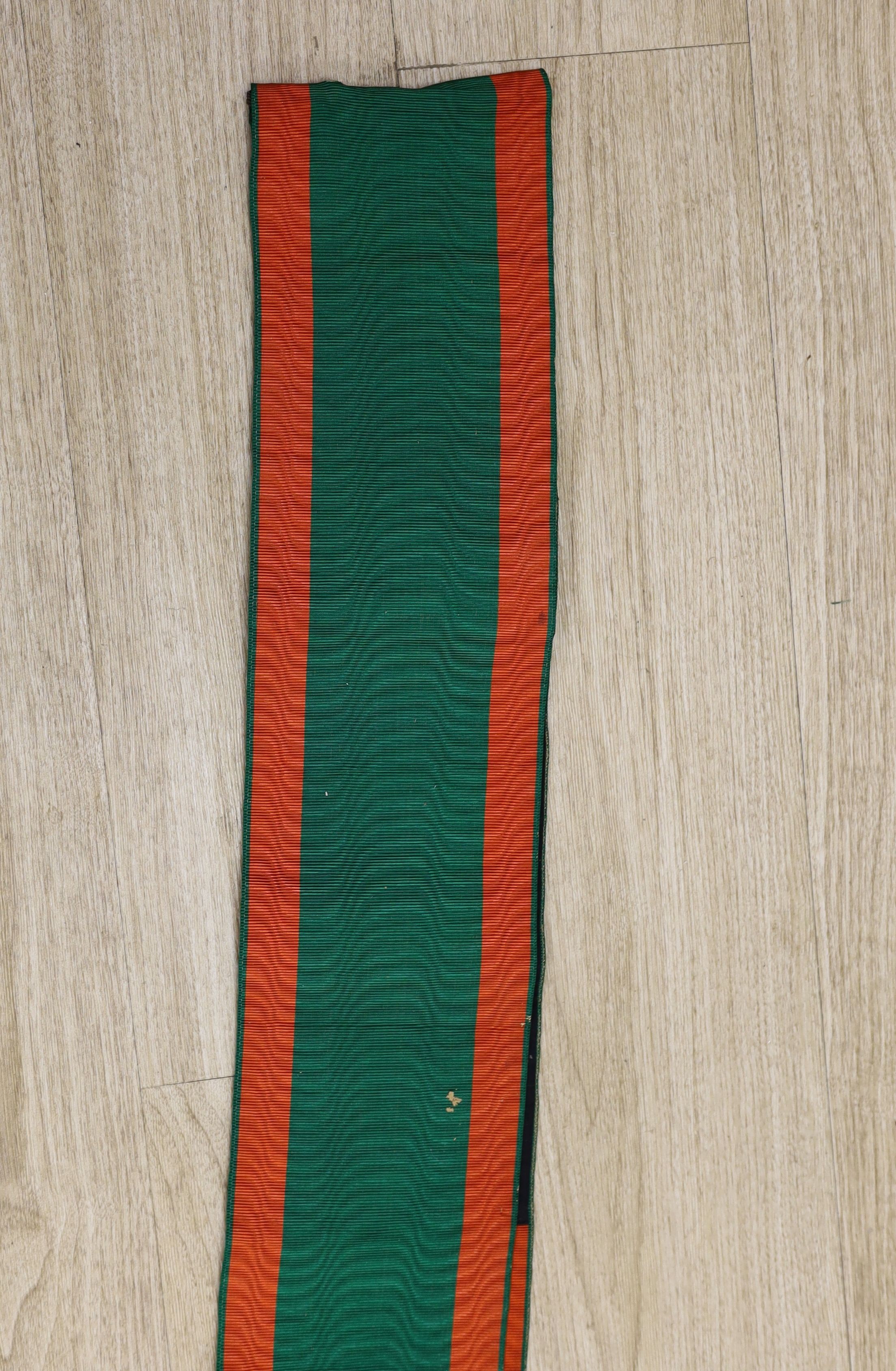 Railway Interest - A metal thread embroidered silk sash inscribed ‘Railway Men of E I S & W, Broad Street Branch - presented to E.J. Foulkes by branch benevolent fund’ - approx 190cm long